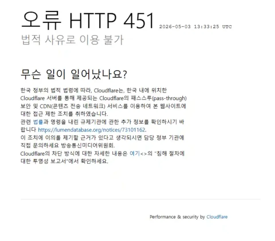 Cloudflare HTTP 451 차단